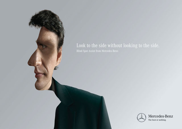 奔驰汽车盲点辅助系统广告！Mercedes-Benz: Blind Spot Assist Print Ad