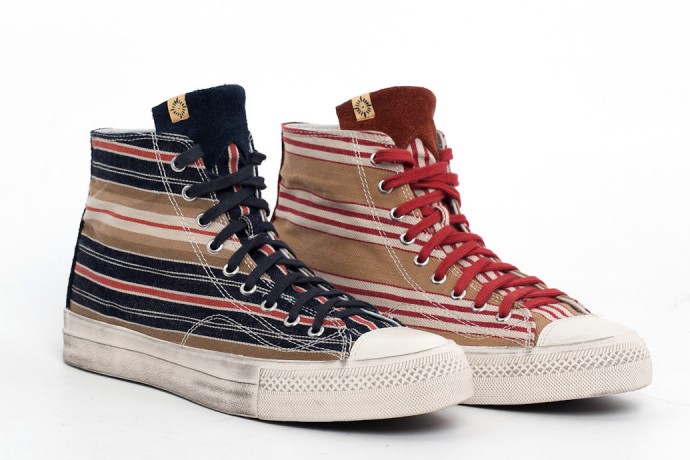 visvim Skagway Hi Oka 异质料拼接条纹鞋款